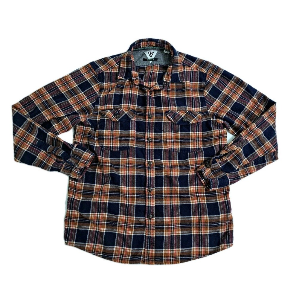 Vissla Men's Small Flannel Plaid Button Up Shirt Orange Blue Tartan